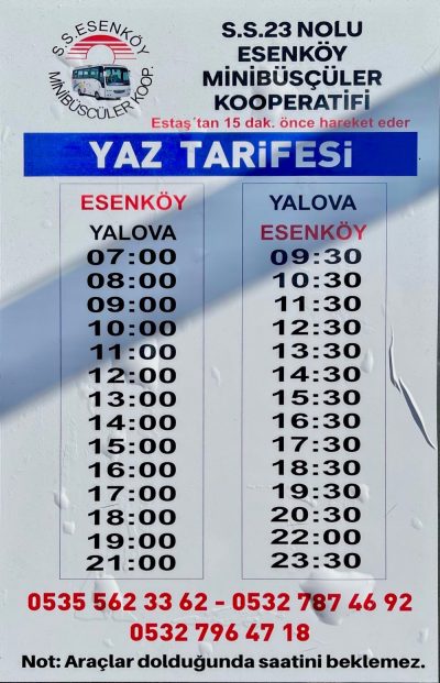 Esenköy – Yalova / Yalova – Esenköy Minibüs Saatleri 2024 Yaz Tarifesi