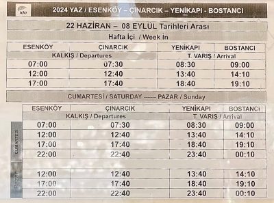 İDO Esenköy – Çınarcık – Yenikapı – Bostancı 2024 Yaz (22 Haziran 2024-8 Eylül 2024) Sefer Saatleri