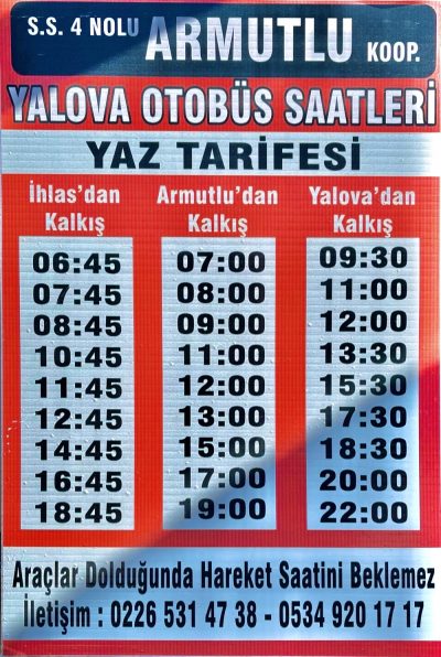 Armutlu – Yalova / Yalova – Armutlu Minibüs Saatleri 2024 Yaz Tarifesi